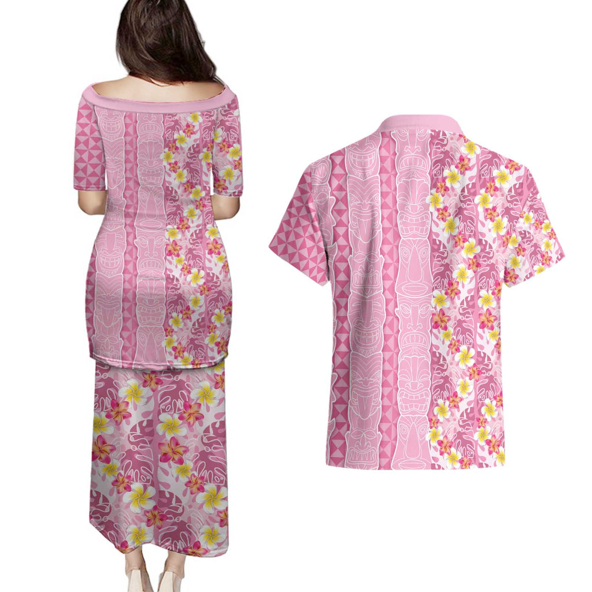 Pastel Magenta Aloha Hawaii Tiki Couples Matching Puletasi and Hawaiian Shirt Tropical Plumeria - Seamless Style