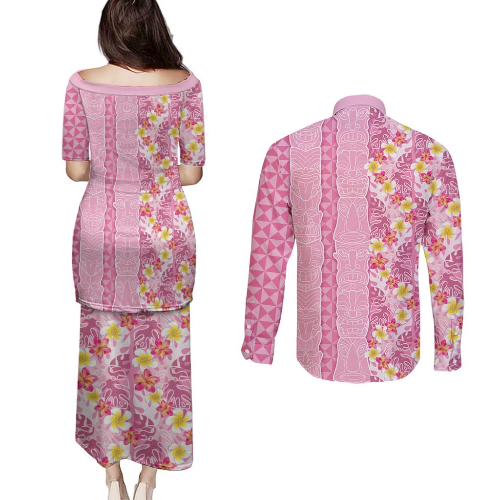 Pastel Magenta Aloha Hawaii Tiki Couples Matching Puletasi and Long Sleeve Button Shirt Tropical Plumeria - Seamless Style
