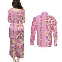 Pastel Magenta Aloha Hawaii Tiki Couples Matching Puletasi and Long Sleeve Button Shirt Tropical Plumeria - Seamless Style