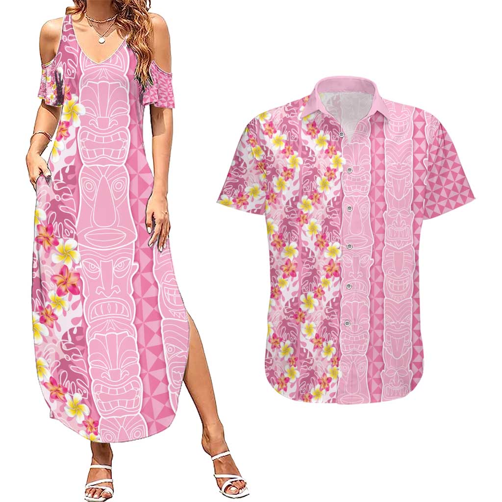 Pastel Magenta Aloha Hawaii Tiki Couples Matching Summer Maxi Dress and Hawaiian Shirt Tropical Plumeria - Seamless Style