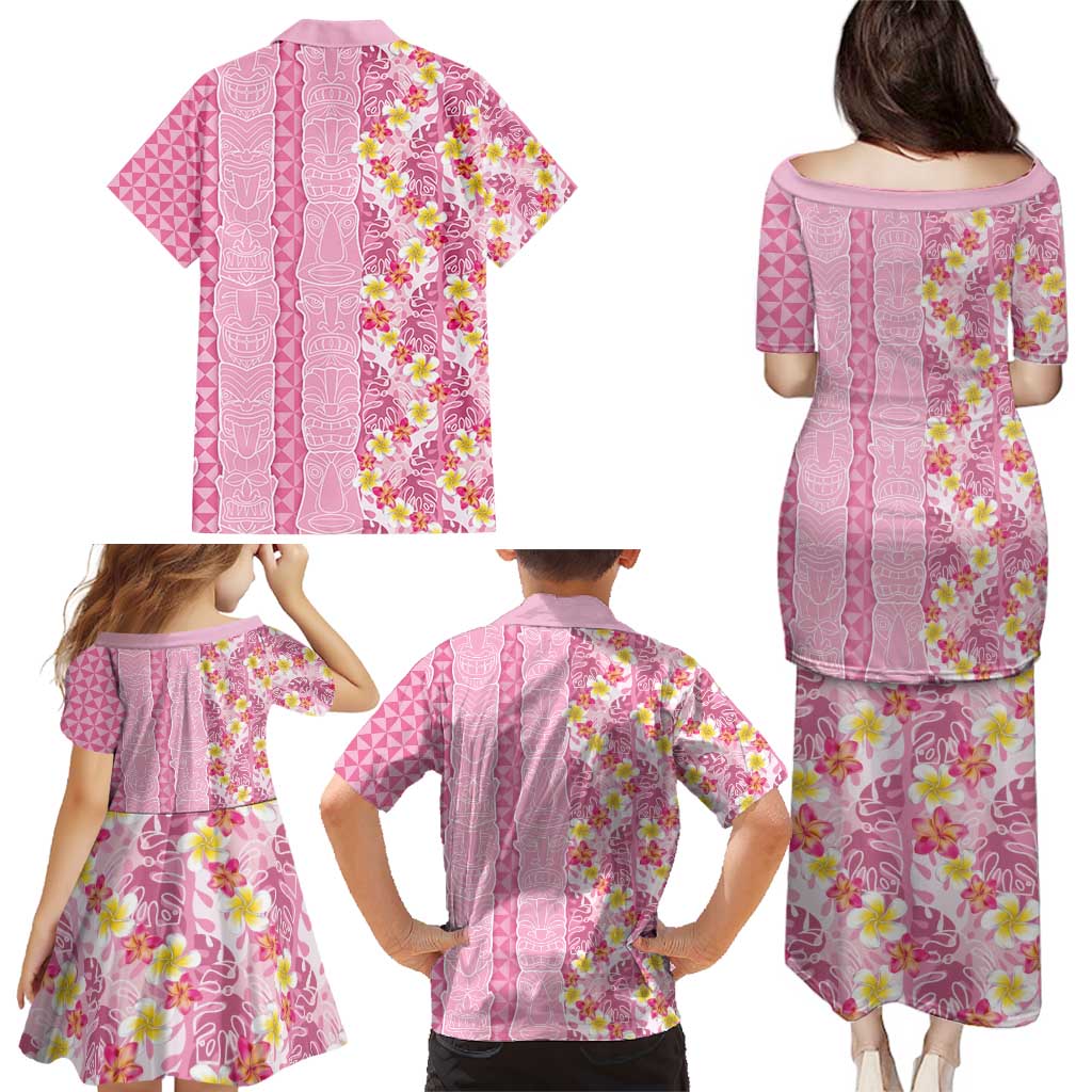 Pastel Magenta Aloha Hawaii Tiki Family Matching Puletasi and Hawaiian Shirt Tropical Plumeria - Seamless Style