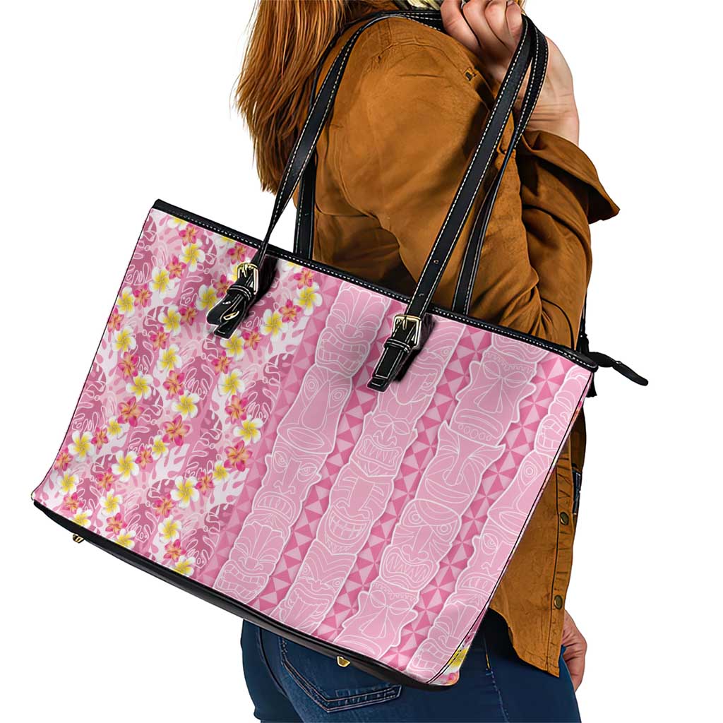 Pastel Magenta Aloha Hawaii Tiki Leather Tote Bag Tropical Plumeria - Seamless Style