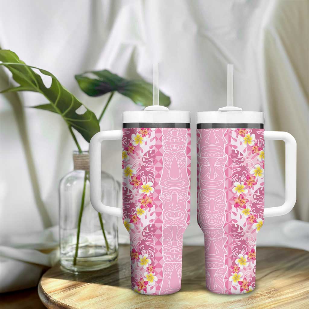 Pastel Magenta Aloha Hawaii Tiki Tumbler With Handle Tropical Plumeria - Seamless Style