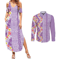 Lush Lilac Aloha Hawaii Tiki Couples Matching Summer Maxi Dress and Long Sleeve Button Shirt Tropical Plumeria - Seamless Style