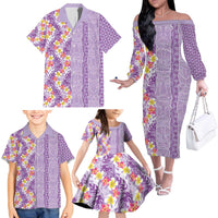 Lush Lilac Aloha Hawaii Tiki Family Matching Off The Shoulder Long Sleeve Dress and Hawaiian Shirt Tropical Plumeria - Seamless Style