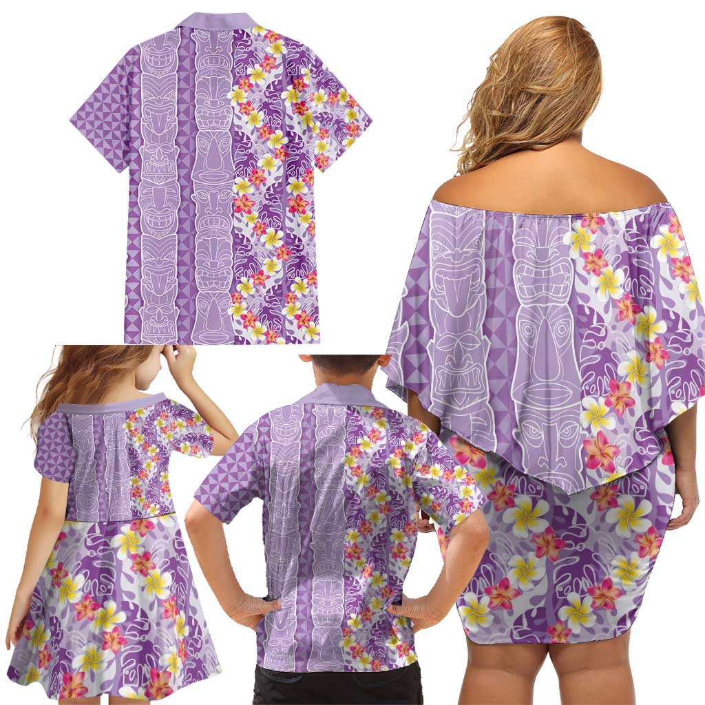 Lush Lilac Aloha Hawaii Tiki Family Matching Off Shoulder Short Dress and Hawaiian Shirt Tropical Plumeria - Seamless Style