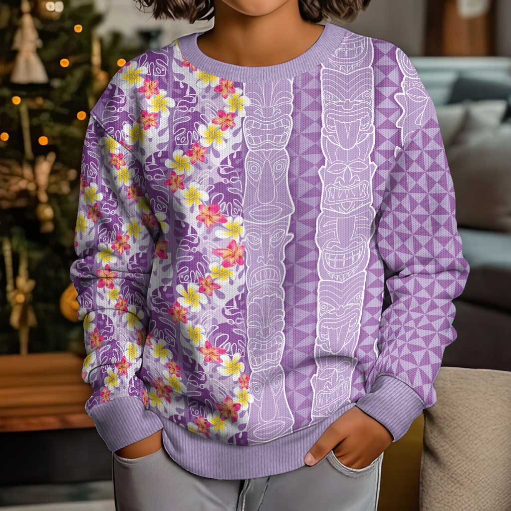 Lush Lilac Aloha Hawaii Tiki Kid Ugly Christmas Sweater Tropical Plumeria - Seamless Style