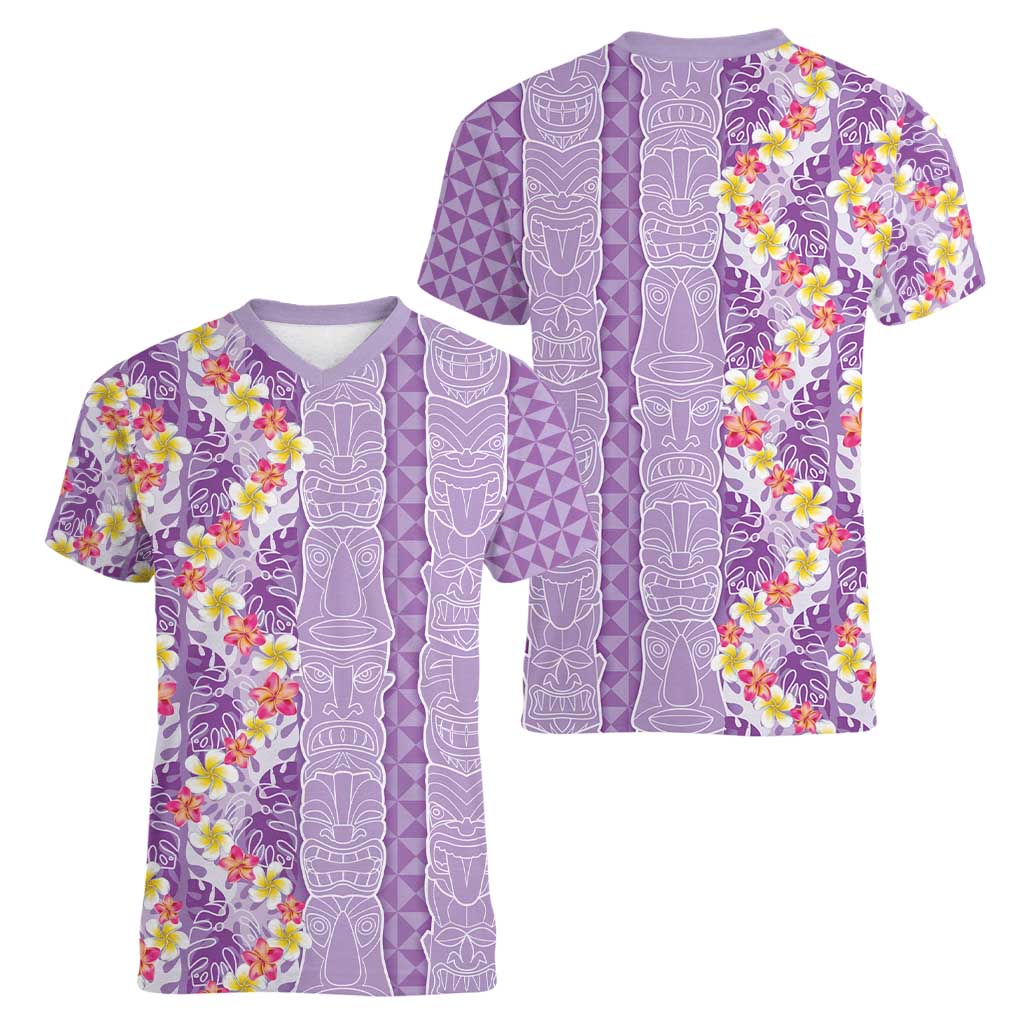 Lush Lilac Aloha Hawaii Tiki Women V-Neck T-Shirt Tropical Plumeria - Seamless Style