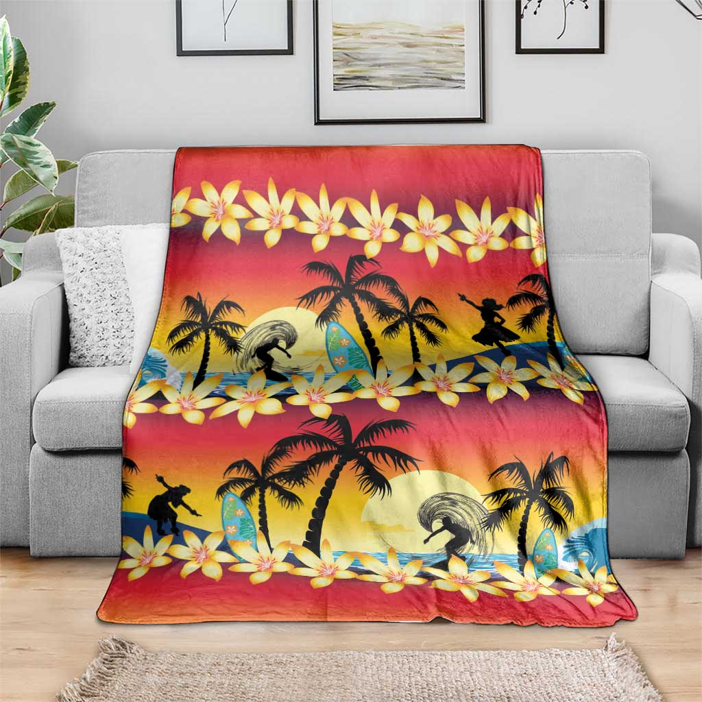 Tropical Islands Sunset Hawaii Blanket Go Surfing With Hula Girl - Summer Vibes