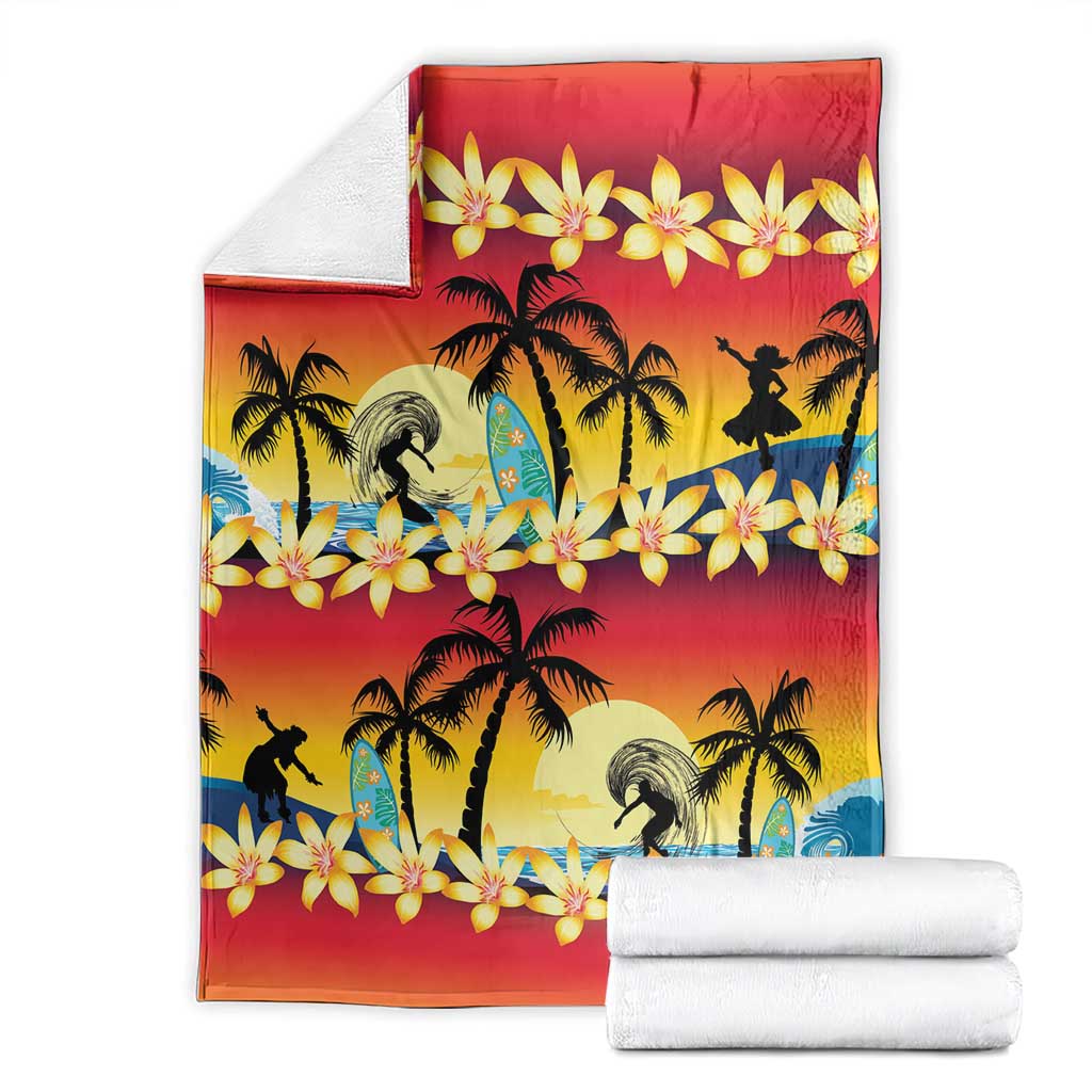 Tropical Islands Sunset Hawaii Blanket Go Surfing With Hula Girl - Summer Vibes