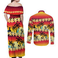 Tropical Islands Sunset Hawaii Couples Matching Off Shoulder Maxi Dress and Long Sleeve Button Shirt Go Surfing With Hula Girl - Summer Vibes