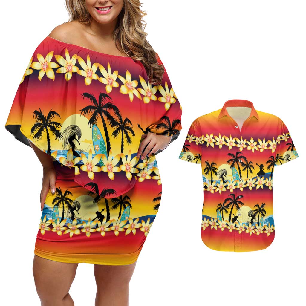 Tropical Islands Sunset Hawaii Couples Matching Off Shoulder Short Dress and Hawaiian Shirt Go Surfing With Hula Girl - Summer Vibes