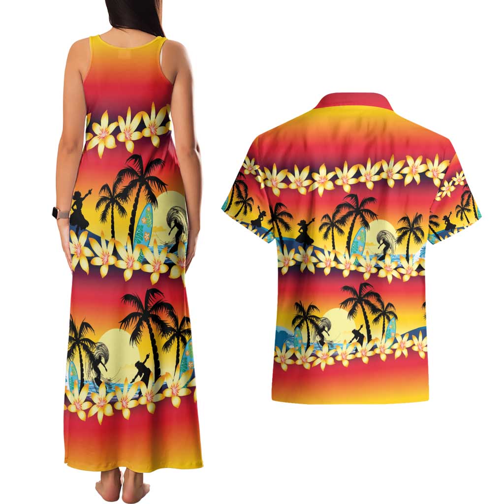 Tropical Islands Sunset Hawaii Couples Matching Tank Maxi Dress and Hawaiian Shirt Go Surfing With Hula Girl - Summer Vibes