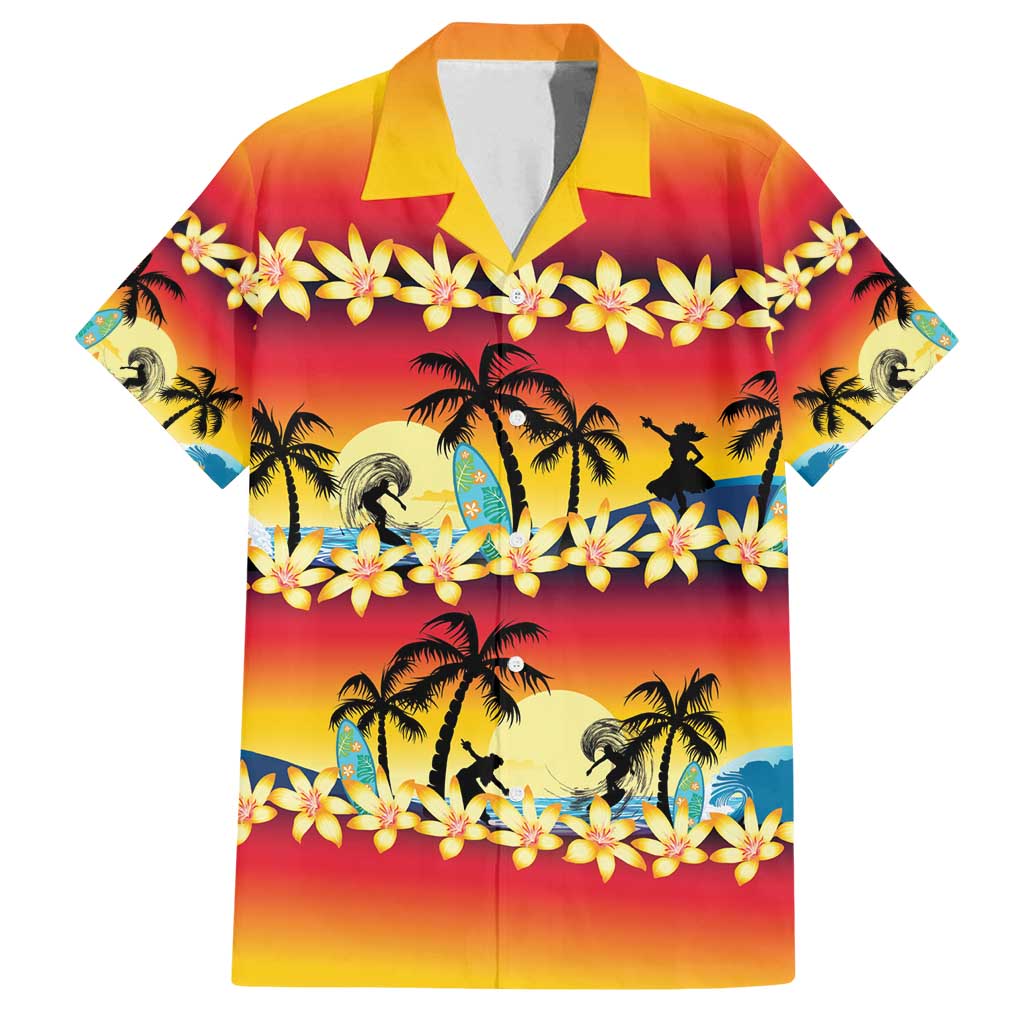 Tropical Islands Sunset Hawaii Family Matching Off Shoulder Short Dress and Hawaiian Shirt Go Surfing With Hula Girl - Summer Vibes