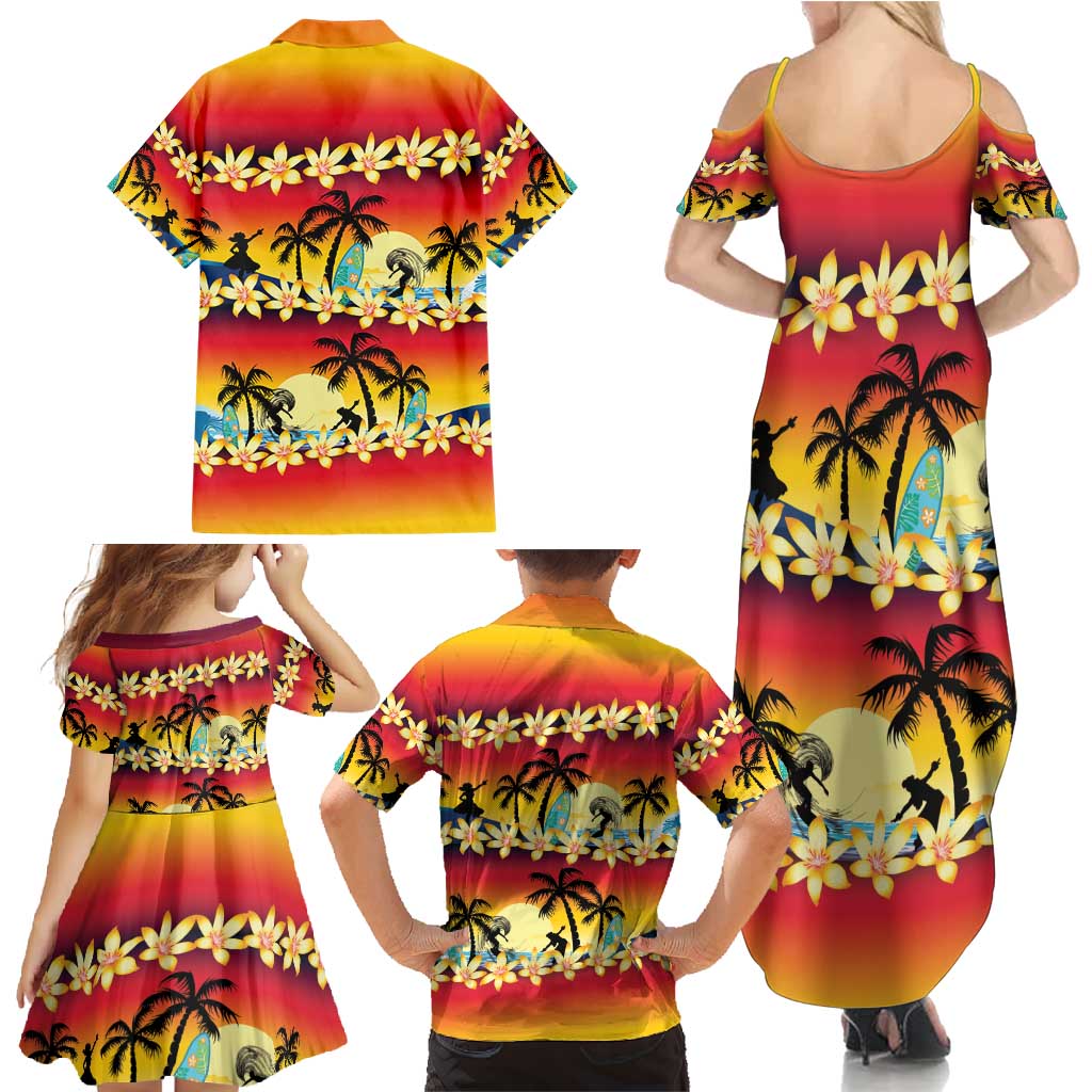Tropical Islands Sunset Hawaii Family Matching Summer Maxi Dress and Hawaiian Shirt Go Surfing With Hula Girl - Summer Vibes