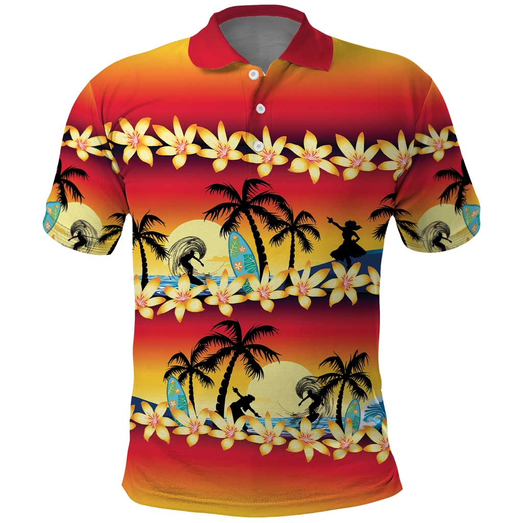 Tropical Islands Sunset Hawaii Polo Shirt Go Surfing With Hula Girl - Summer Vibes LT14 Red - Polynesian Pride