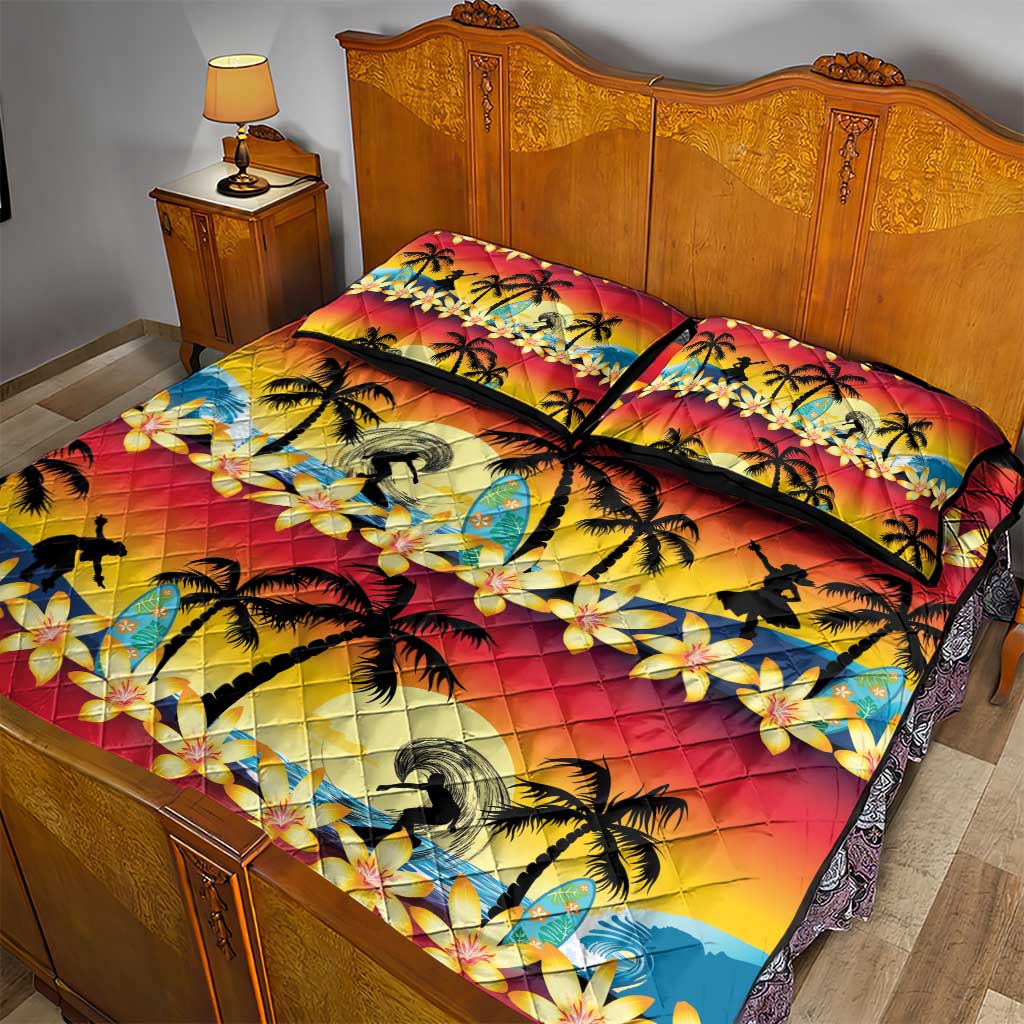 Tropical Islands Sunset Hawaii Quilt Bed Set Go Surfing With Hula Girl - Summer Vibes