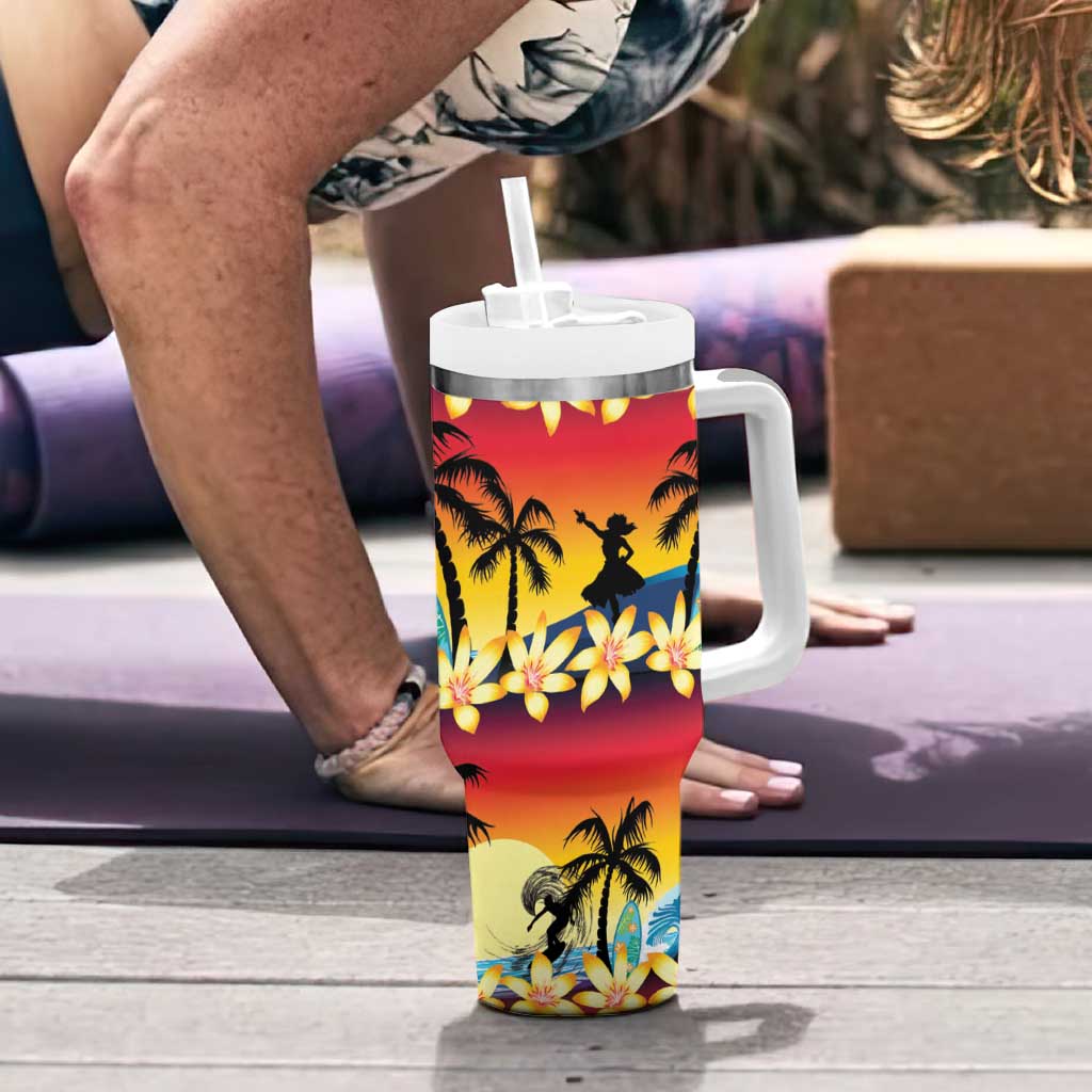 Tropical Islands Sunset Hawaii Tumbler With Handle Go Surfing With Hula Girl - Summer Vibes
