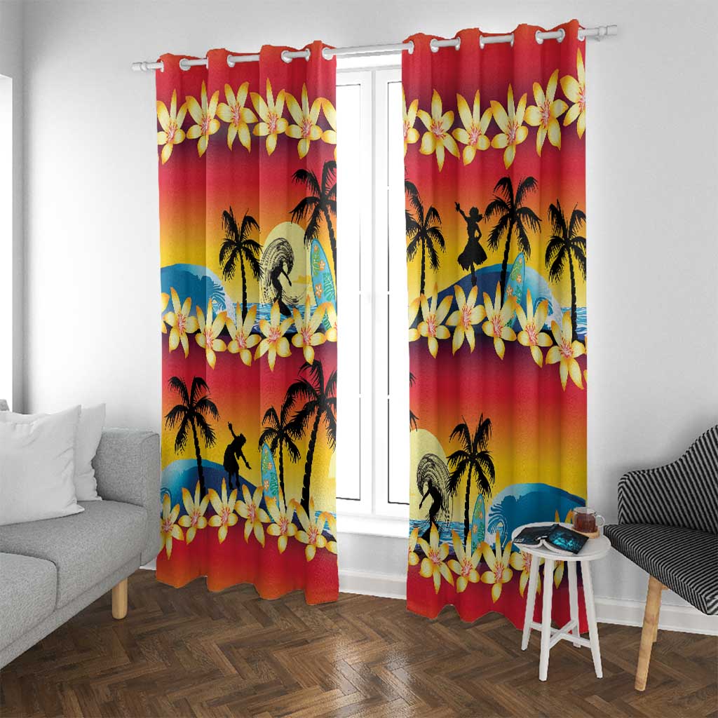 Tropical Islands Sunset Hawaii Window Curtain Go Surfing With Hula Girl - Summer Vibes