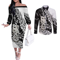 Aotearoa Manaia NZ Maori Silver Fern Couples Matching Off The Shoulder Long Sleeve Dress and Long Sleeve Button Shirt LT14 Black - Polynesian Pride