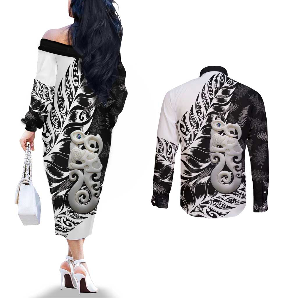 Aotearoa Manaia NZ Maori Silver Fern Couples Matching Off The Shoulder Long Sleeve Dress and Long Sleeve Button Shirt LT14 - Polynesian Pride