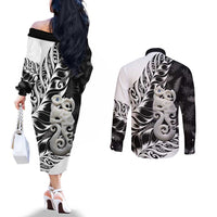 Aotearoa Manaia NZ Maori Silver Fern Couples Matching Off The Shoulder Long Sleeve Dress and Long Sleeve Button Shirt LT14 - Polynesian Pride