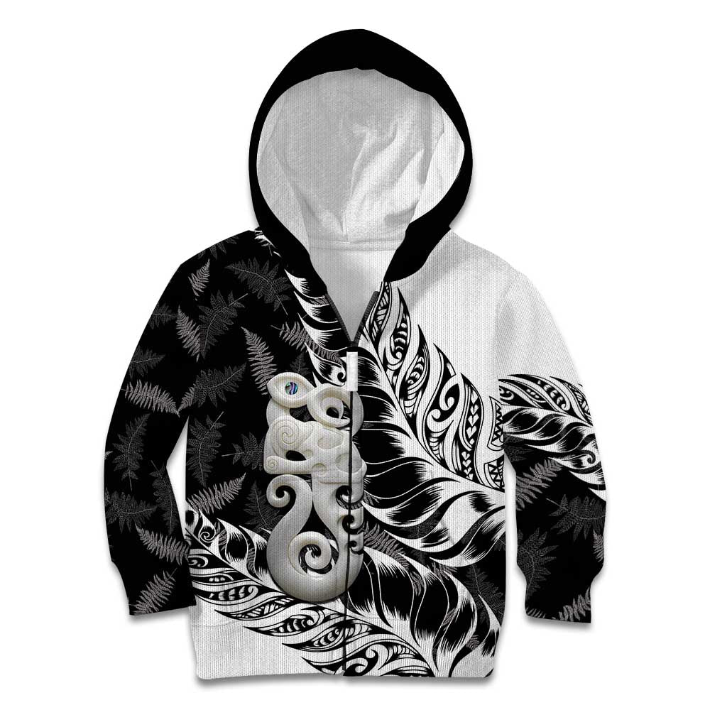 Aotearoa Manaia NZ Maori Silver Fern Kid Hoodie LT14 Zip Hoodie Black - Polynesian Pride