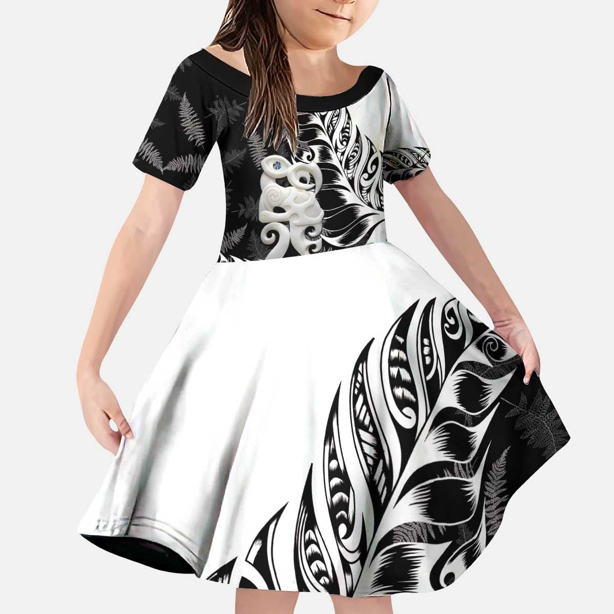 Aotearoa Manaia NZ Maori Silver Fern Kid Short Sleeve Dress LT14 KID Black - Polynesian Pride