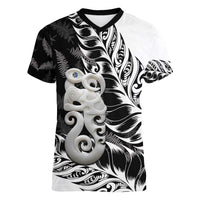 Aotearoa Manaia NZ Maori Silver Fern Women V-Neck T-Shirt LT14 Female Black - Polynesian Pride