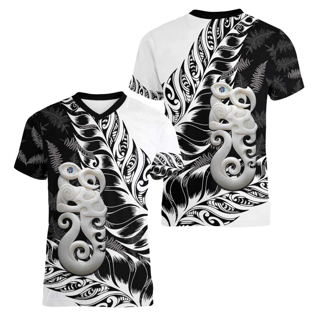 Aotearoa Manaia NZ Maori Silver Fern Women V-Neck T-Shirt LT14 - Polynesian Pride