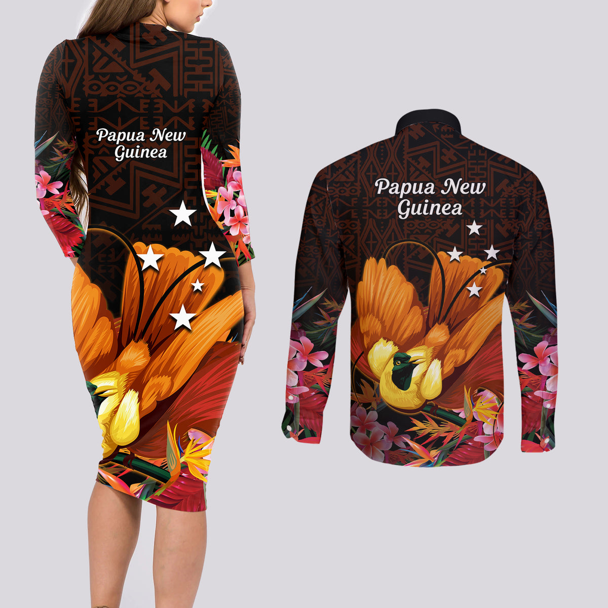 Gude Hi Hai Papua New Guinea Couples Matching Long Sleeve Bodycon Dress and Long Sleeve Button Shirt Motuan PNG Raggiana Bird of Paradise Tropical Vibes LT14 - Polynesian Pride