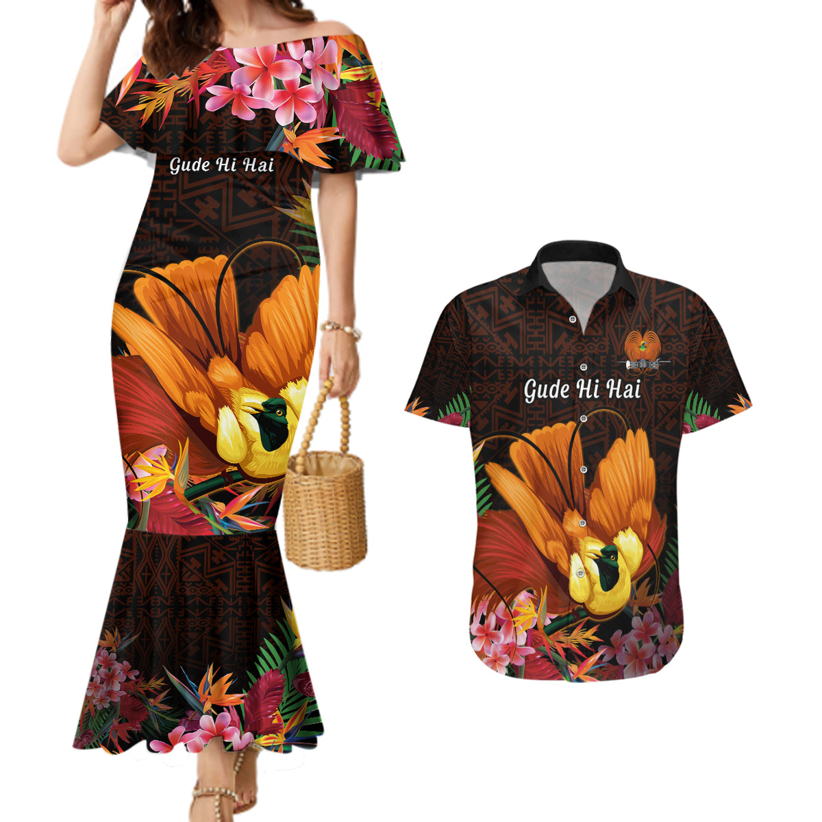 Gude Hi Hai Papua New Guinea Couples Matching Mermaid Dress and Hawaiian Shirt Motuan PNG Raggiana Bird of Paradise Tropical Vibes LT14 Black - Polynesian Pride
