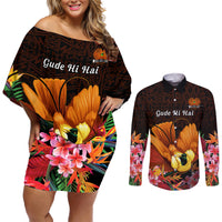 Gude Hi Hai Papua New Guinea Couples Matching Off Shoulder Short Dress and Long Sleeve Button Shirt Motuan PNG Raggiana Bird of Paradise Tropical Vibes LT14 Black - Polynesian Pride