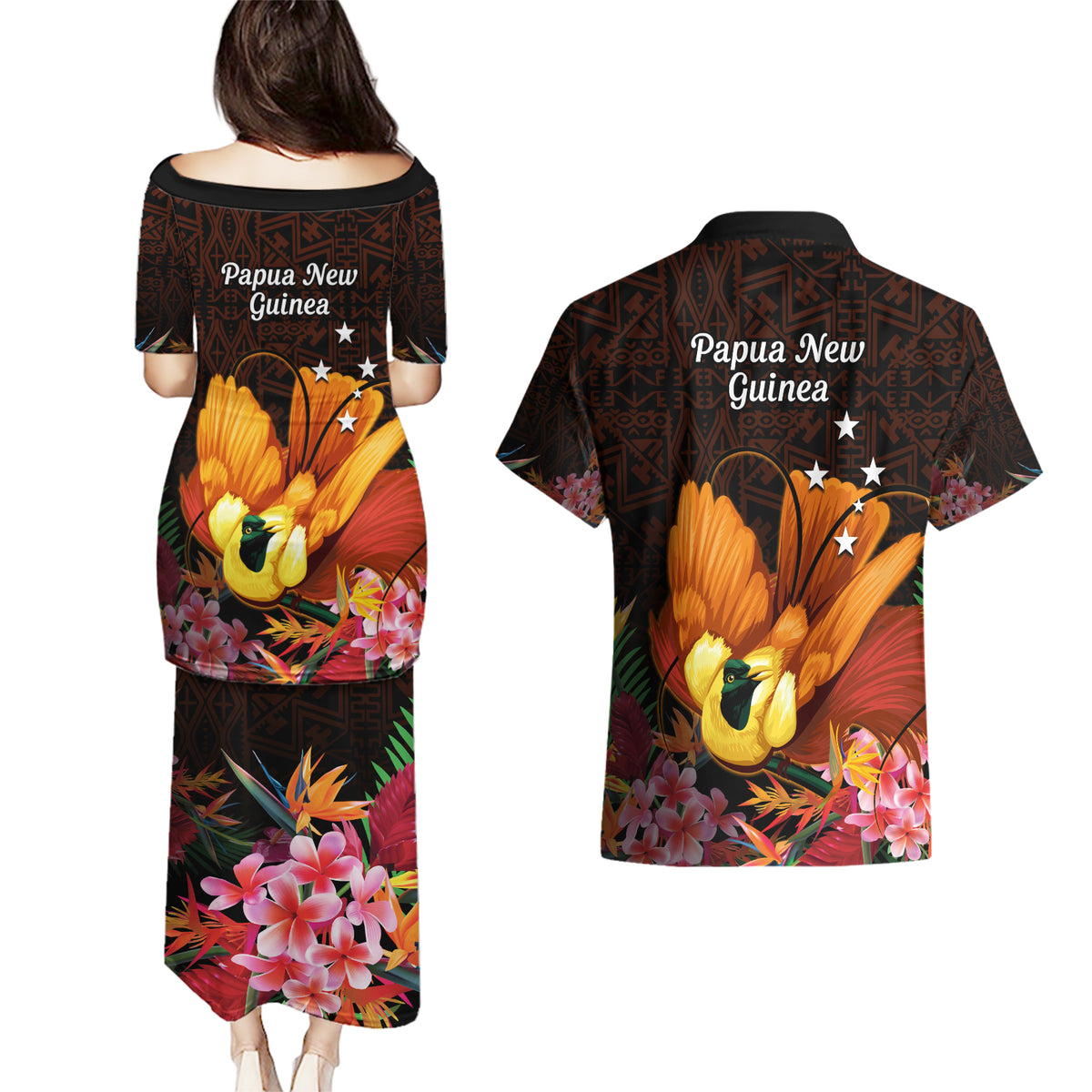 Gude Hi Hai Papua New Guinea Couples Matching Puletasi and Hawaiian Shirt Motuan PNG Raggiana Bird of Paradise Tropical Vibes LT14 - Polynesian Pride