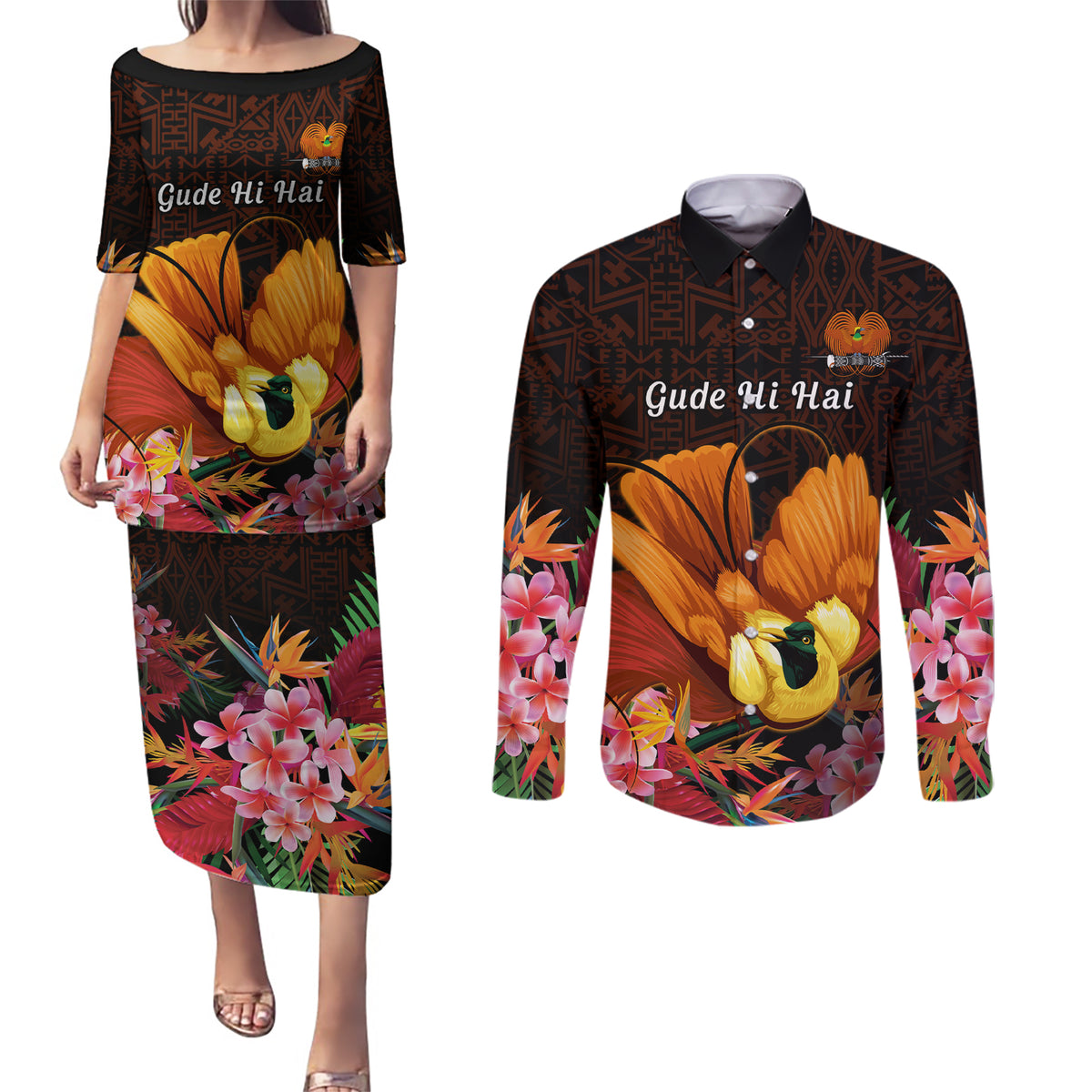 Gude Hi Hai Papua New Guinea Couples Matching Puletasi and Long Sleeve Button Shirt Motuan PNG Raggiana Bird of Paradise Tropical Vibes LT14 Black - Polynesian Pride