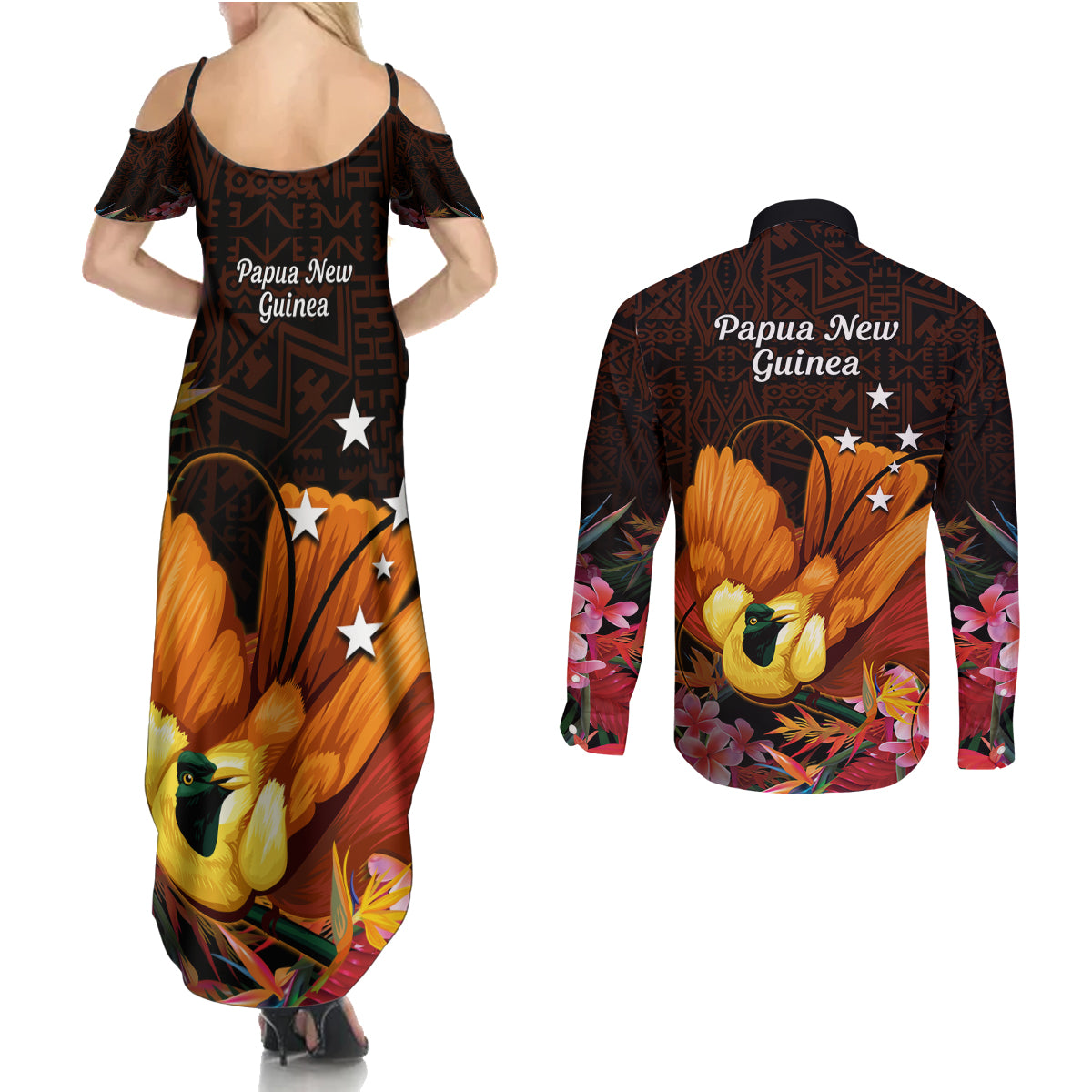 Gude Hi Hai Papua New Guinea Couples Matching Summer Maxi Dress and Long Sleeve Button Shirt Motuan PNG Raggiana Bird of Paradise Tropical Vibes LT14 - Polynesian Pride