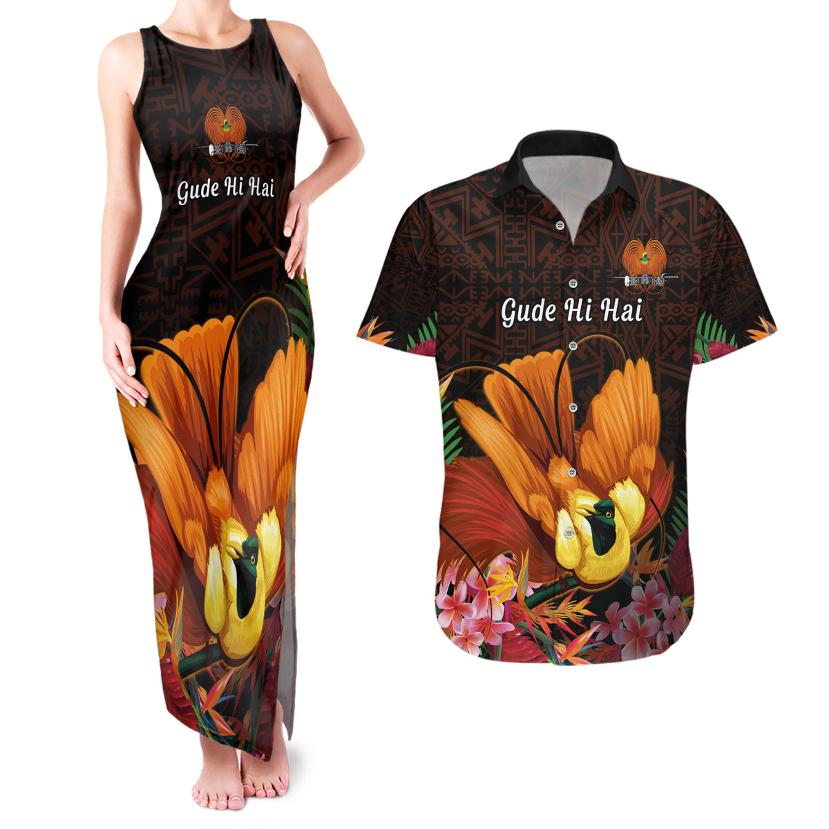 Gude Hi Hai Papua New Guinea Couples Matching Tank Maxi Dress and Hawaiian Shirt Motuan PNG Raggiana Bird of Paradise Tropical Vibes LT14 Black - Polynesian Pride