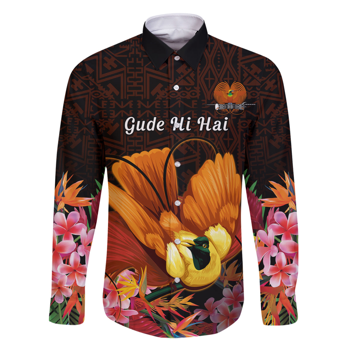 Gude Hi Hai Papua New Guinea Family Matching Off Shoulder Short Dress and Hawaiian Shirt Motuan PNG Raggiana Bird of Paradise Tropical Vibes LT14 Dad's Shirt - Long Sleeve Black - Polynesian Pride