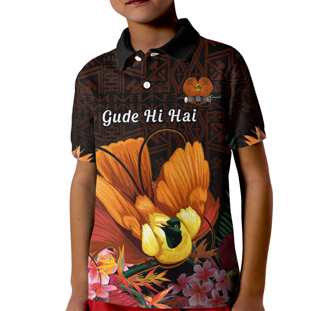 Gude Hi Hai Papua New Guinea Kid Polo Shirt Motuan PNG Raggiana Bird of Paradise Tropical Vibes LT14 Kid Black - Polynesian Pride