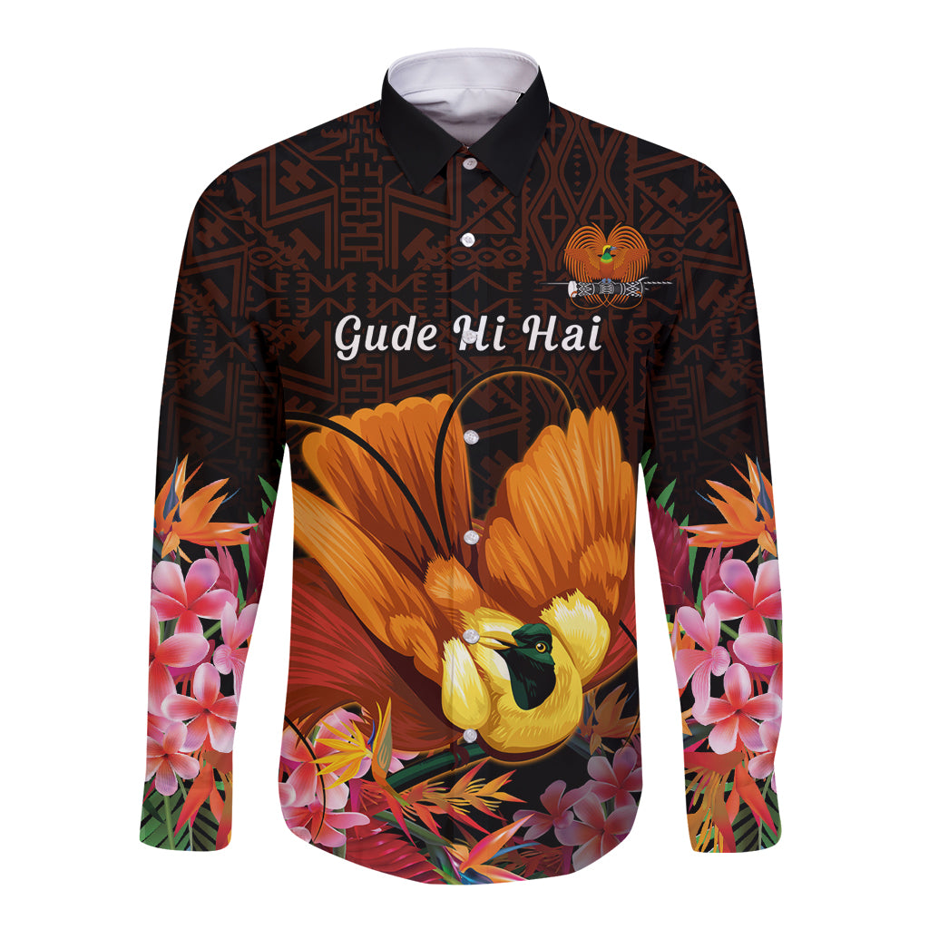 Gude Hi Hai Papua New Guinea Long Sleeve Button Shirt Motuan PNG Raggiana Bird of Paradise Tropical Vibes LT14 Unisex Black - Polynesian Pride