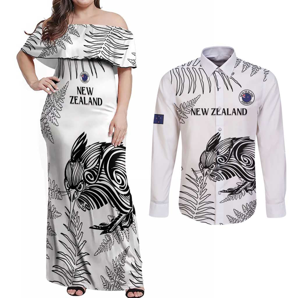 Custom New Zealand Kiwi Football Couples Matching Off Shoulder Maxi Dress and Long Sleeve Button Shirt Aotearoa Silver Fern LT14 White - Polynesian Pride