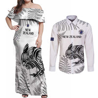 Custom New Zealand Kiwi Football Couples Matching Off Shoulder Maxi Dress and Long Sleeve Button Shirt Aotearoa Silver Fern LT14 White - Polynesian Pride