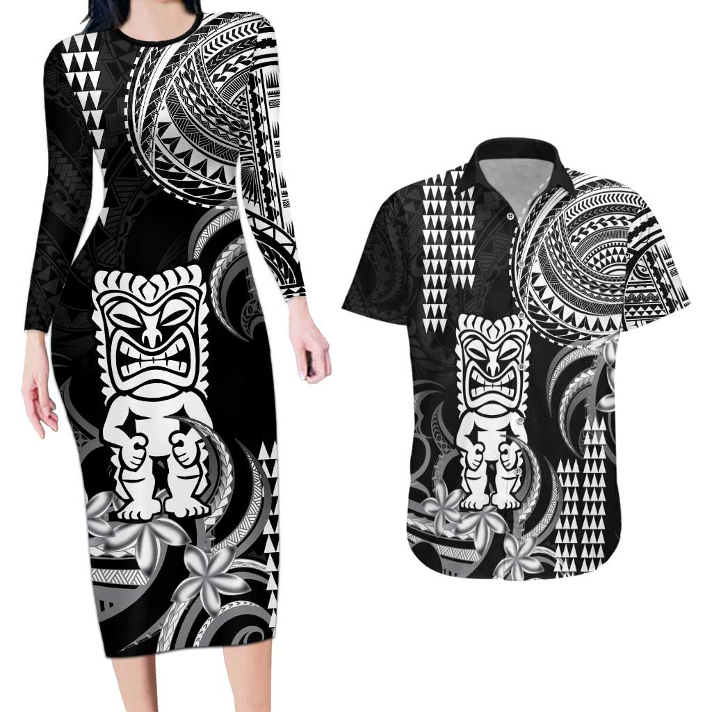 Hawaii Ku God Couples Matching Long Sleeve Bodycon Dress and Hawaiian Shirt Kakau Mix Polynesian Tattoo