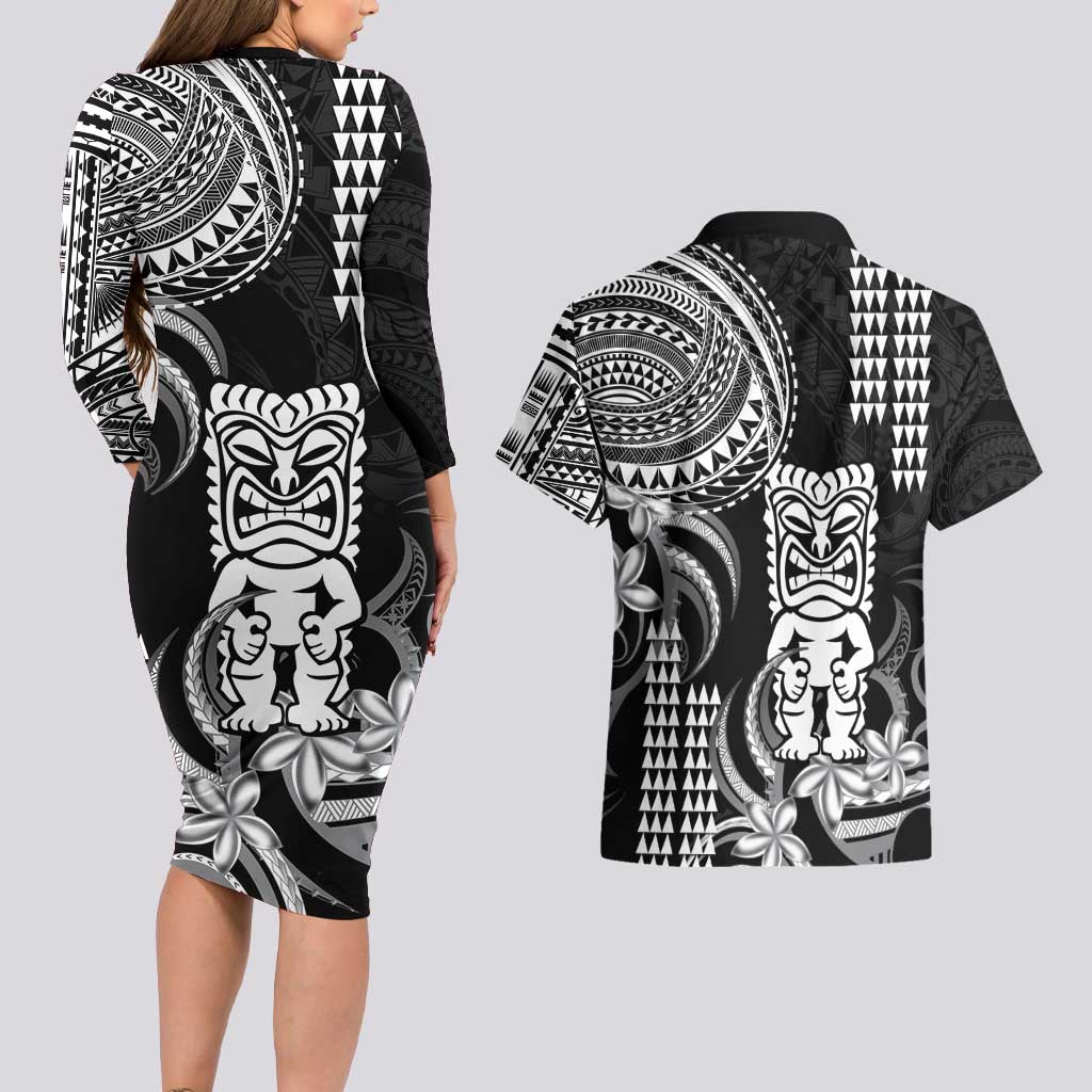 Hawaii Ku God Couples Matching Long Sleeve Bodycon Dress and Hawaiian Shirt Kakau Mix Polynesian Tattoo