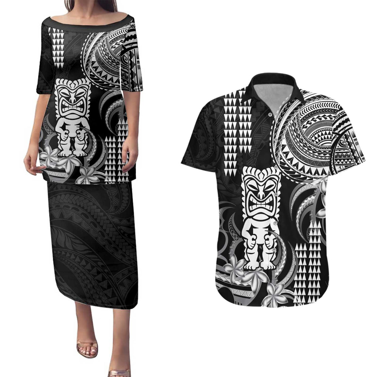 Hawaii Ku God Couples Matching Puletasi and Hawaiian Shirt Kakau Mix Polynesian Tattoo