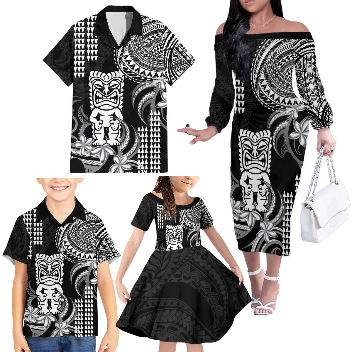 Hawaii Ku God Family Matching Off The Shoulder Long Sleeve Dress and Hawaiian Shirt Kakau Mix Polynesian Tattoo