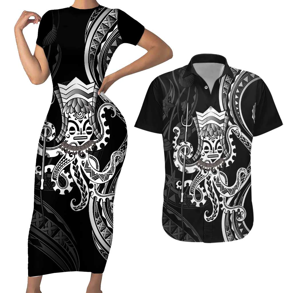 Black Hawaii Kanaloa God Couples Matching Short Sleeve Bodycon Dress and Hawaiian Shirt Hawaiian Octopus