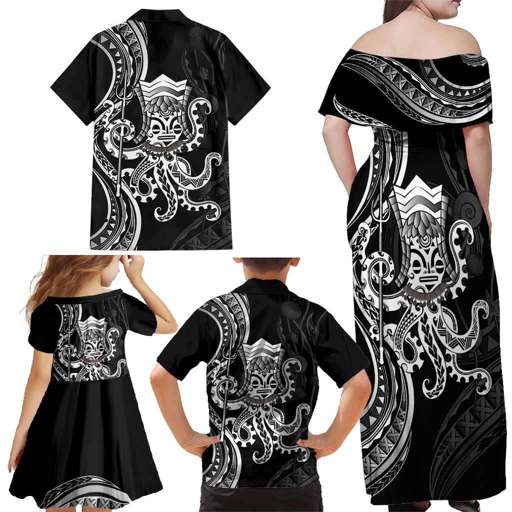 Black Hawaii Kanaloa God Family Matching Off Shoulder Maxi Dress and Hawaiian Shirt Hawaiian Octopus