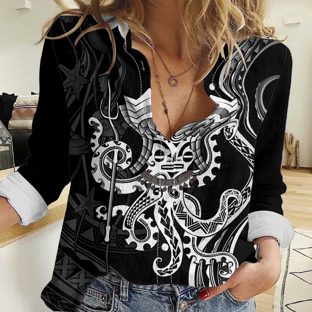 Black Hawaii Kanaloa God Women Casual Shirt Hawaiian Octopus