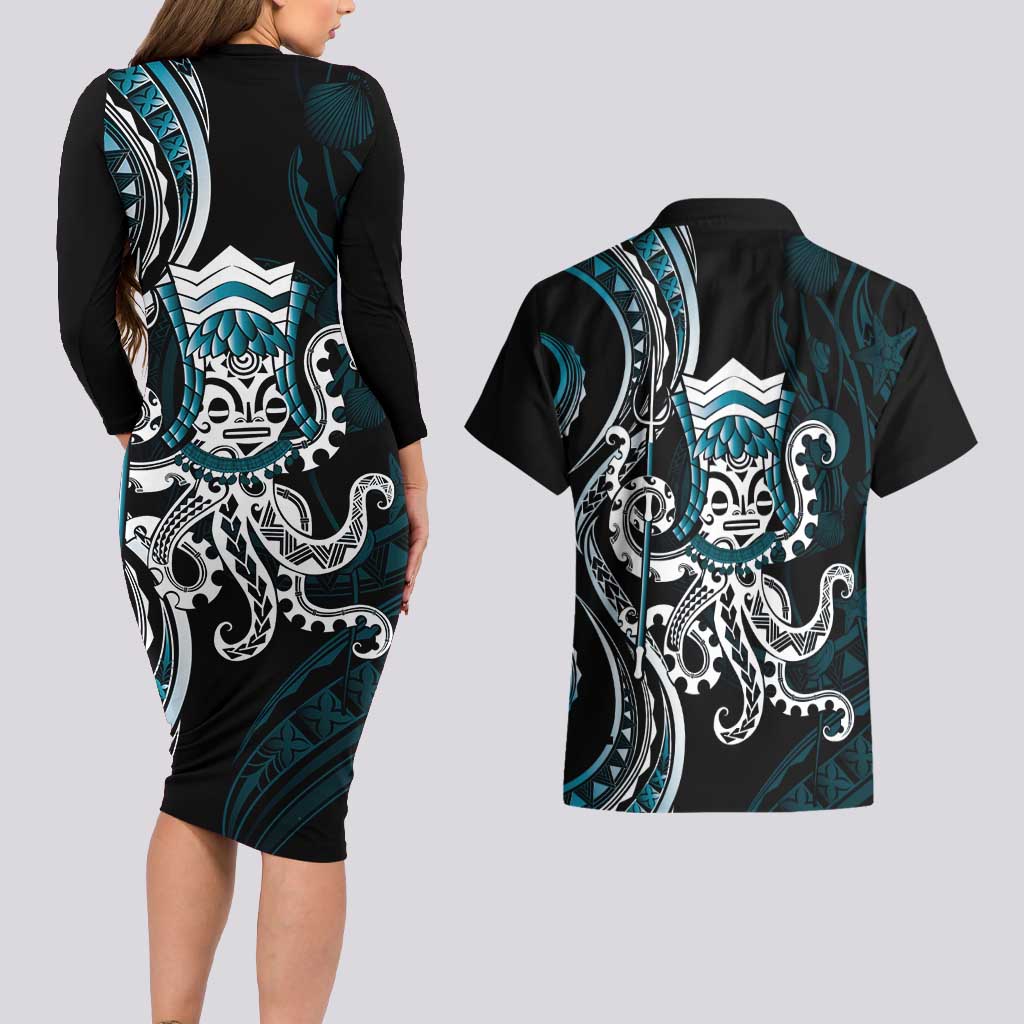 Turquoise Hawaii Kanaloa God Couples Matching Long Sleeve Bodycon Dress and Hawaiian Shirt Hawaiian Octopus